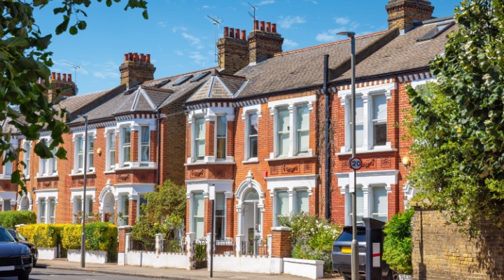 A street of terraced homes in London, UK.