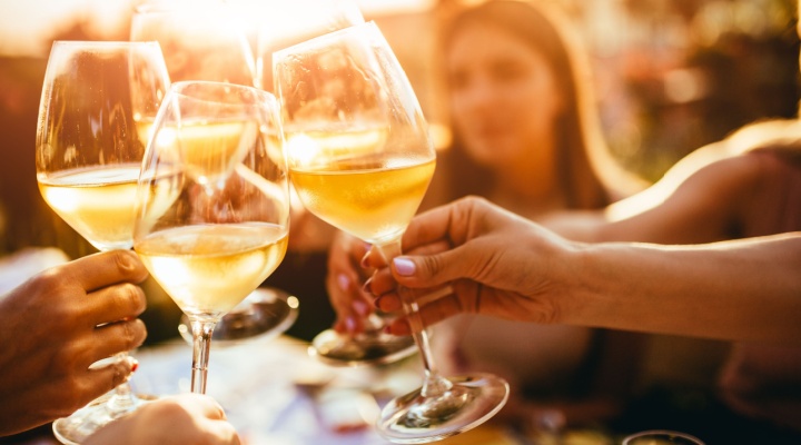 A group of friends clinking wine glasses.