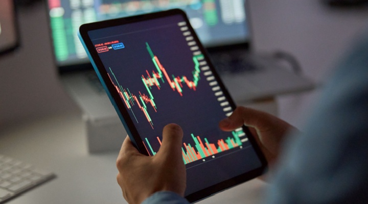 A person looking at a stock market graph on a tablet.